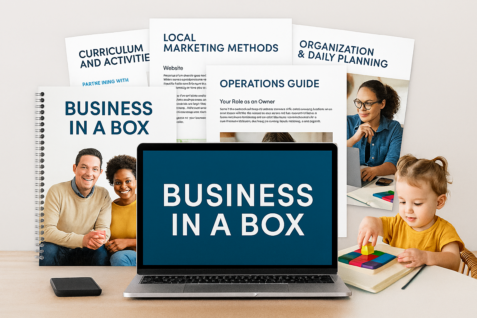Complete childcare business package with website, forms, and materials