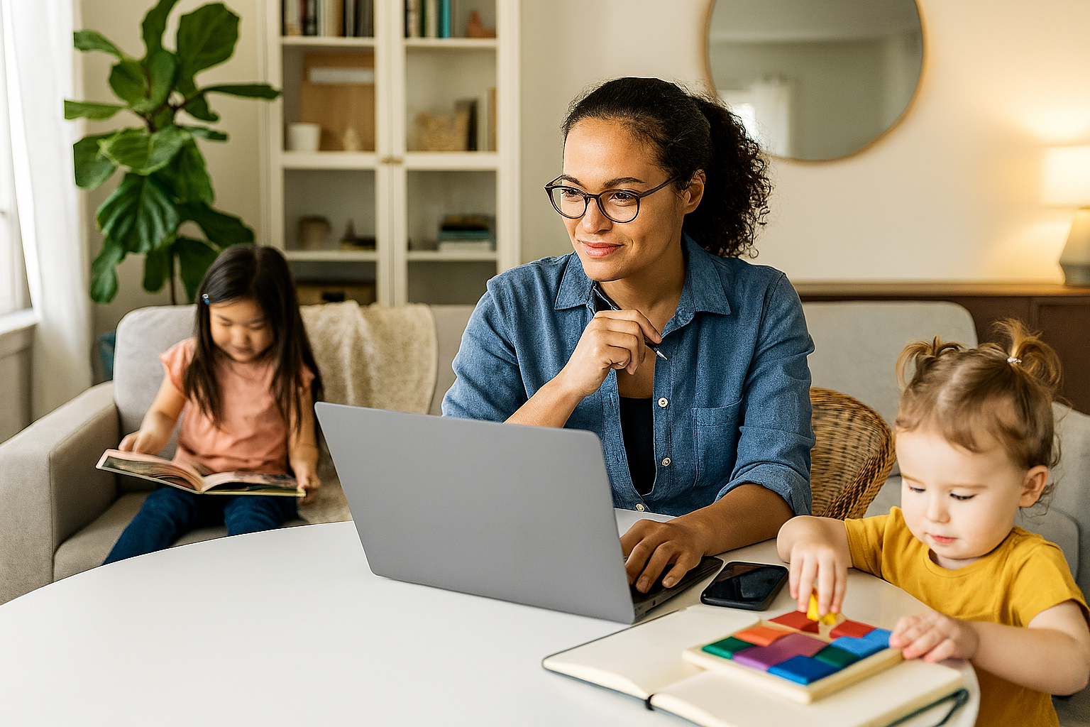 Entrepreneur working from home with children playing nearby